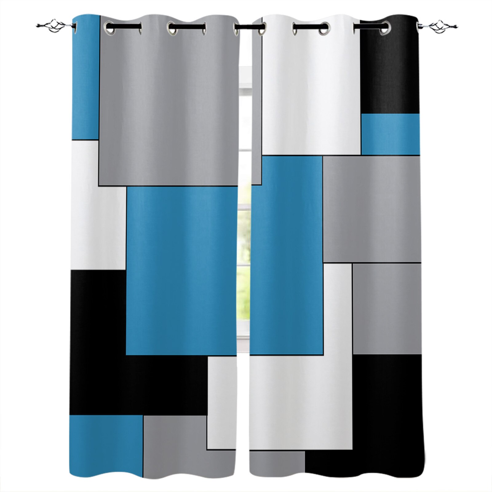 Blue Black Grey Patchwork Abstract Art Medieval Style Curtains for