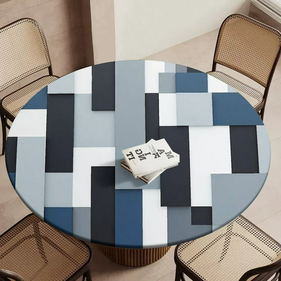 Blue And Black And Grey Squares Round Table Cover Kitchen Printed Waterproof Tablecloth Elastic