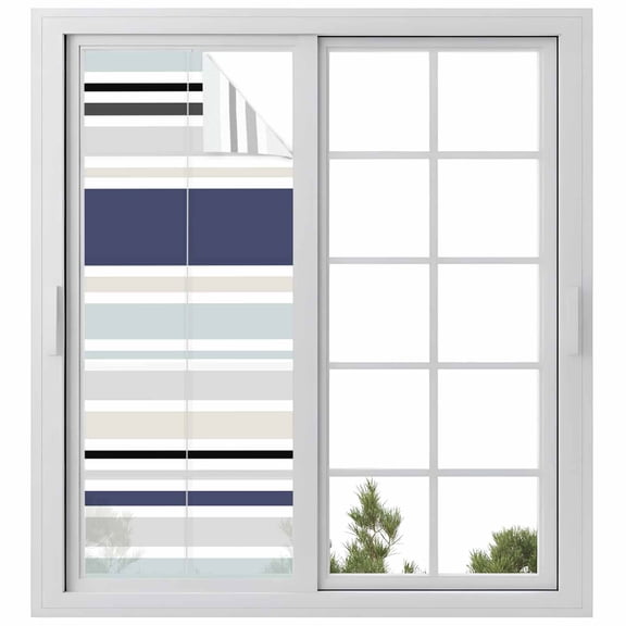 Blue Black Grey Striped Privacy Window Film, Decorative Frosted Glass Window Film, Farmhouse Stripes Reusable Peel and Stick Static Cling for Home Bathroom Office Glass Door 23.6"x59"