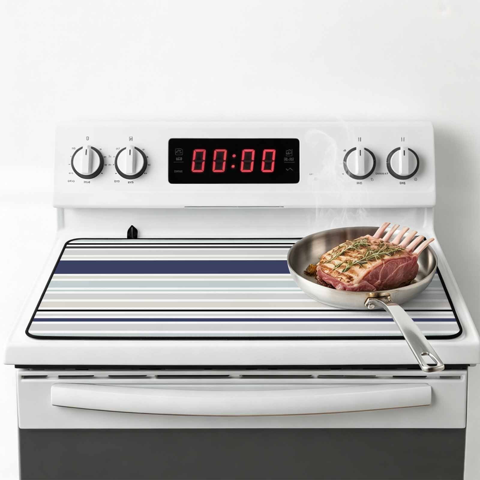 Blue Black Grey Striped Stove Top Cover for Electric Stove, Heat-proof & Non Slip Glass Top Stove Cover Protector, Farmhouse Stripes Kitchen Flat Cooktop Rubber Mat 24x21 Inches
