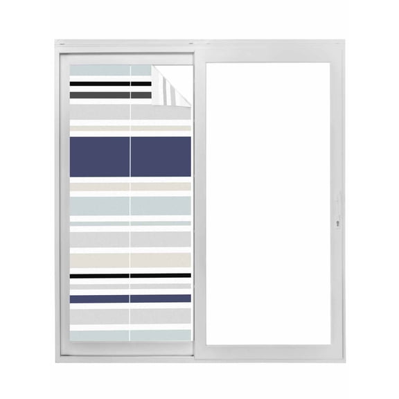 Blue Black Grey Striped Window Privacy Film, Farmhouse Stripes Static Cling UV Sun Blocking Tint Film Heat Control Windows Films for Bedroom Bathroom, Window Stickers 23.6"x59"