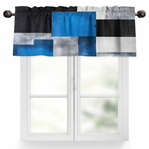 Blue Black Grey Valances for Windows, 42 x 18in, Abstract Gradient Modern Art Rod Pocket Kitchen Valance Curtain Light Filtering Window Treatments for Living Room Bedroom, 1 Panel