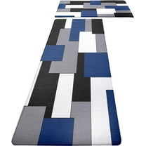 Blue Black Grey White Kitchen pvc Rugs Mats Set of 2 Modern Abstract Art Cushioned Anti Fatigue Kitchen Rugs Set Geometric Non-Skid Washable for Kitchen Sink Laundry 17.5"x29.5" 17.5"x47"