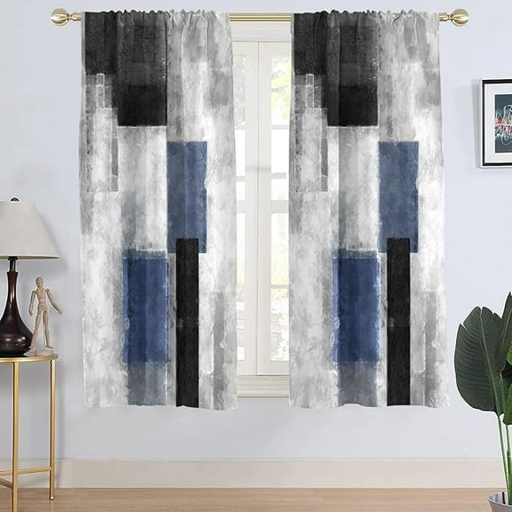 Blue Black Grey Window Curtain Navy White Gray Abstract Geometric Art Aesthetic Minimalist Boys Mens Living Room Bedroom Window Drapes 26"W x 45"L (Pack of 2)