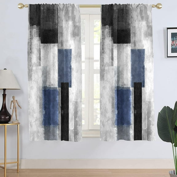 Blue Black Grey Window Curtain Navy White Gray Abstract Geometric Art Aesthetic Minimalist Boys Mens Living Room Bedroom Window Drapes Treatment Fabric 1 Pair Home Decor, 52" W x 63" L, Modern