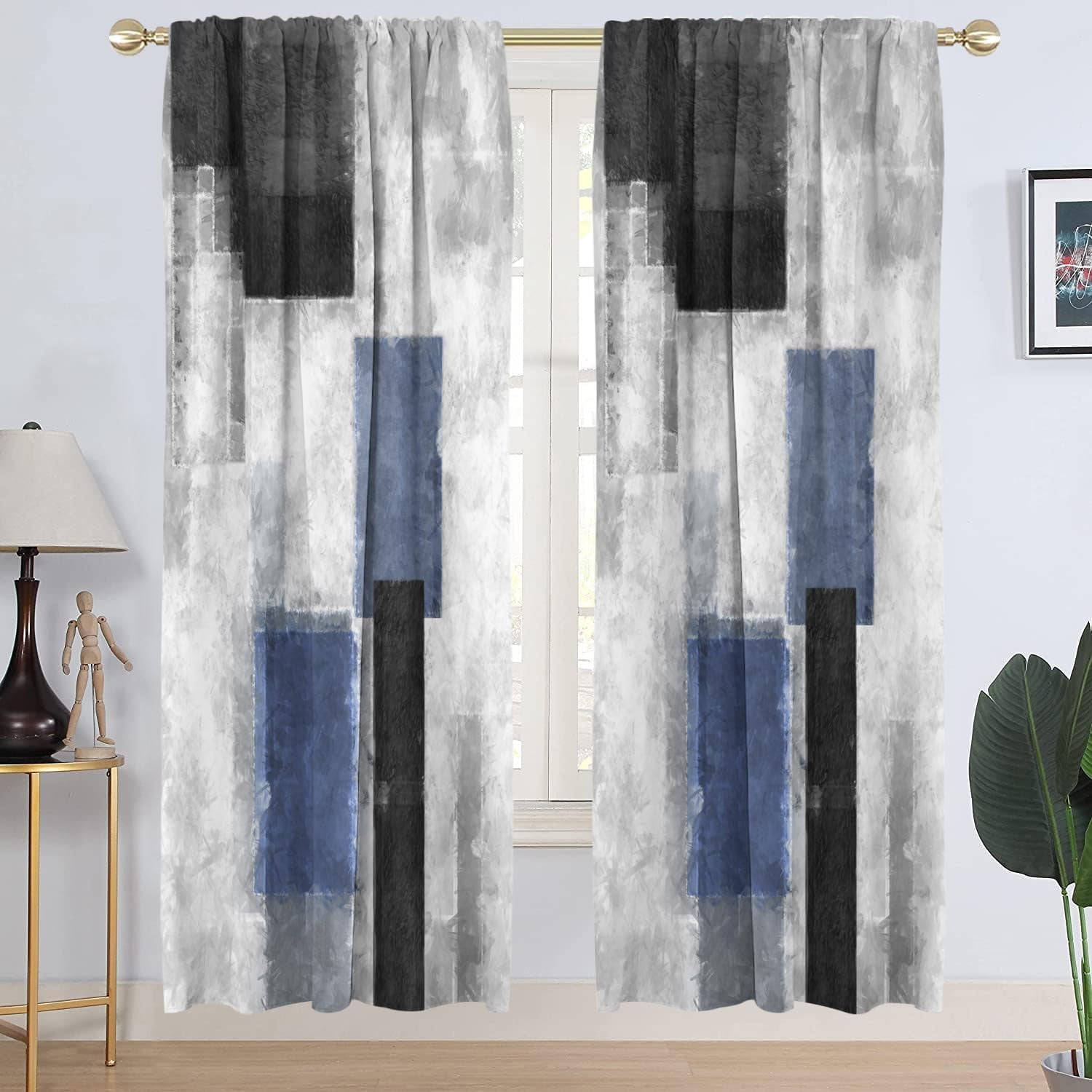 Blue Black Grey Window Curtain Navy White Gray Abstract Geometric Art Aesthetic Minimalist Boys Mens Long Living Room Bedroom Drapes Treatment Fabric 1 Pair Home Decor, 42" W x 84" L, Modern