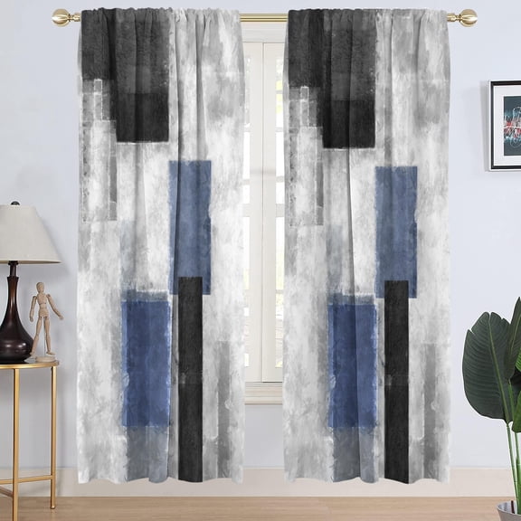 Blue Black Grey Window Curtain Navy White Gray Abstract Geometric Art Aesthetic Minimalist Boys Mens Long Living Room Bedroom Drapes Treatment Fabric 1 Pair Home Decor, 42" W x 84" L, Modern