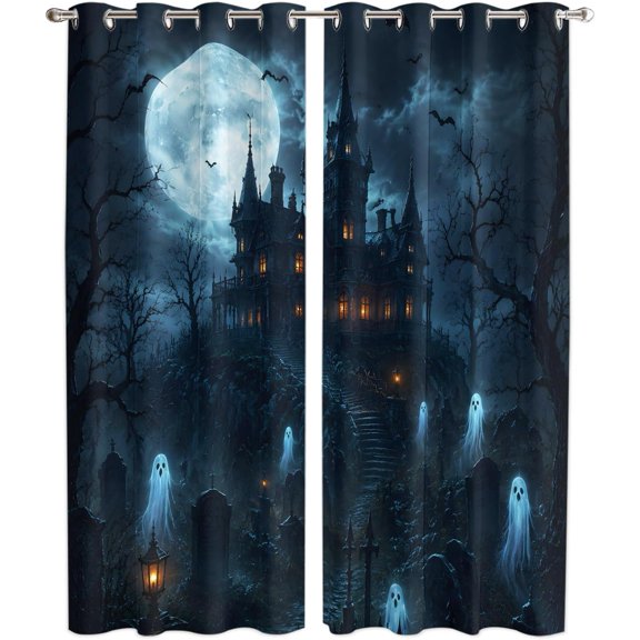 Blue Black Halloween Window Curtains 84 Inch Length 2 Panels Set, Ghost Castle Trees Blue Black Grommet Top Light Filtering Curtains for Living Room/Kitchen/Bedroom, Room Darking Drapes 42x84 In