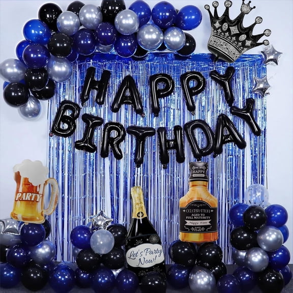 Blue and Black Happy Birthday Decorations for Men,Birthday Decorations with Banner, Fringe Curtains,Foil Balloons, Balloon Kits for Birthday Decorations