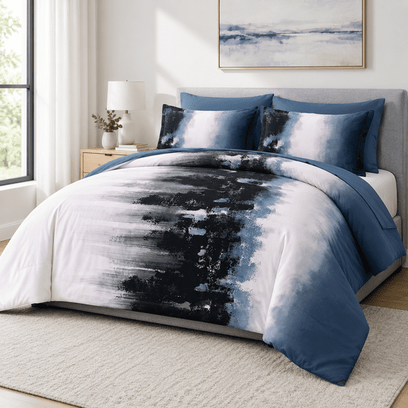 Blue Black King Size 7 Piece Ombre Boho Bed-in-a-Bag Bedding Set