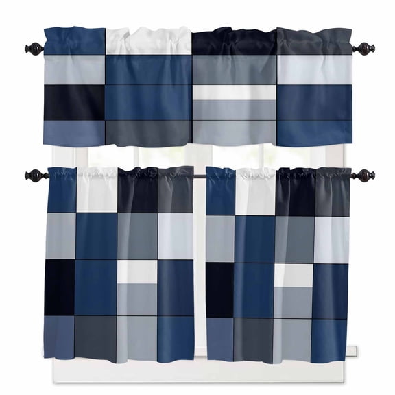 Blue Black Kitchen Curtains Valances and Tiers Set of 3, 24 Inch Length Tier Curtains and Valance Rod Pocket Valance Curtains Set for Kitchen Bathroom Small Windows