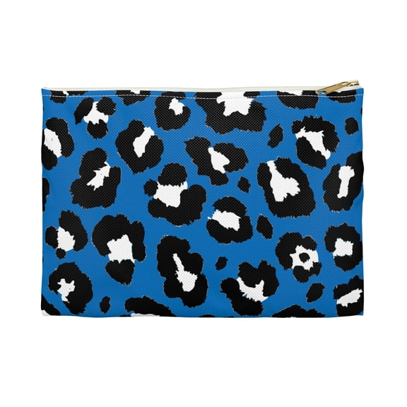 Blue Black Leopard Flat Accessory Pouch Animal Print Makeup Cosmetic Bag