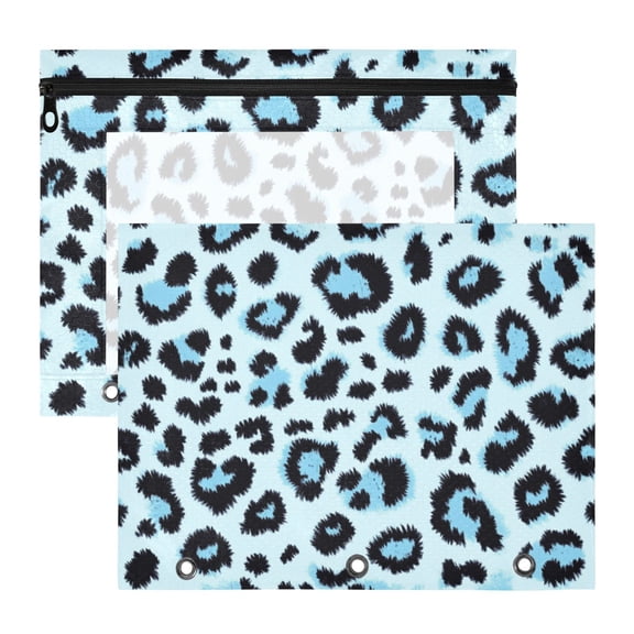 Blue Black Leopard Skin Print 3-Ring Binder Pouches A4 Size Zipper Pocket File Storage 2 Packs