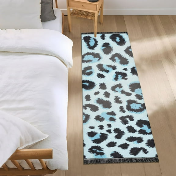 Blue Black Leopard Skin Print Bedside Runner Rug 2'x 6' Non Slip Carpet Floor Mat Area Rug