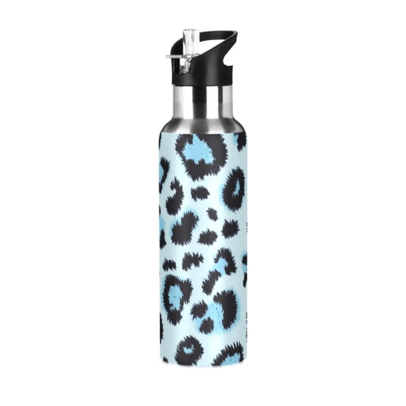 Blue Black Leopard Skin Print Sports Bottle with Straw Stainless Steel Water Jug Portable Thermal Cup Leak-proof 600ML