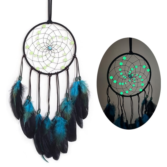 Blue Black Luminous Dream Catcher, Handmade Feather Wall Hanging Ornament with Glow-in-the-Dark Beads, Boho Home Decor for Bedroom, Living Room