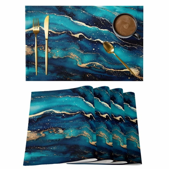 Blue Black Marble Placemats Set of 4, Modern Golden Abstract Aesthetic Placemats for Dining Table, Place Mats for Kitchen Tabletop, Waterproof Wipeable Dining Table Mats Set