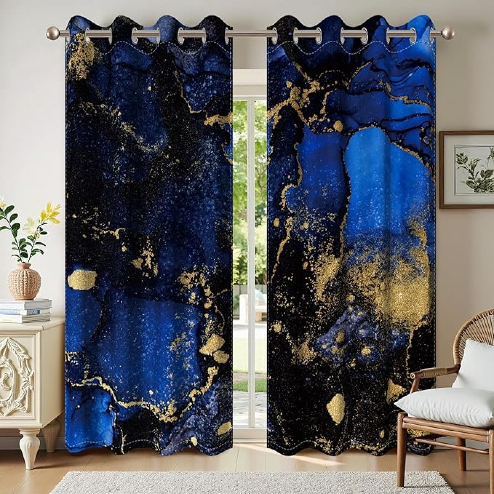 Blue Black Marble Texture Abstract Curtains Gold Fluid Striped Curtains ...