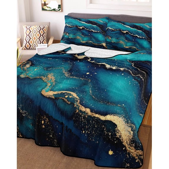 Blue Black Marble Twin Size Down Alternative Comforter, Lightweight Comforter Quilt Bedding Set with Pillow Shams Modern Golden Abstract Aesthetic All Seasons Bed Comforter Duvet Insert 68"x86"