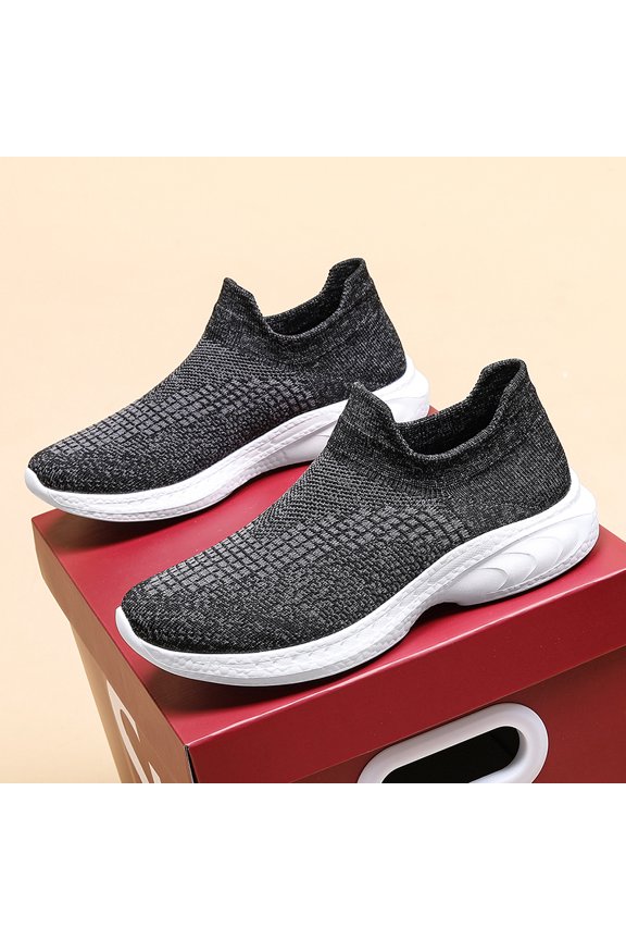 Blue Black Mixed Grid Knit Sock Slip On White Popcorn Foam Casual Walking Shoes
