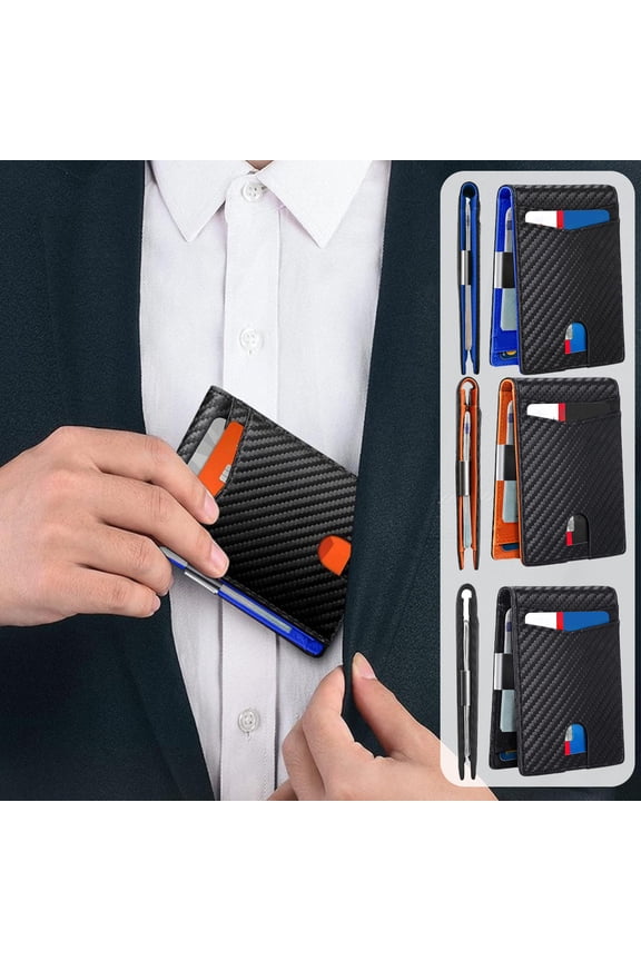 Blue,Black Money Clip Wallets Slim Bifold Wallets For Men, Large Capacity, Blocking Protection, Scratch Resistant Carbon Fiber Leather, Travel Friendly, 8x12cm