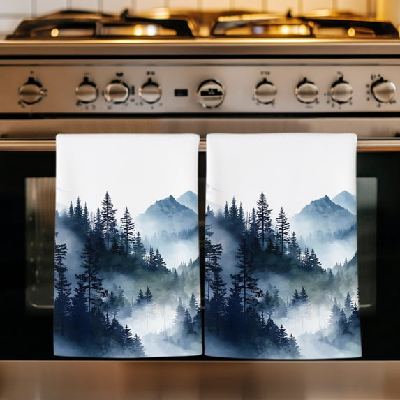 Blue Black Mountain Kitchen Towels Set of 2, Forest Pine Trees Abstract Art Absorbent Dish Towels for Kitchen, Microfiber Hand Towel, Quick Drying Tea Towel for Cleaning Decorative Dishcloths