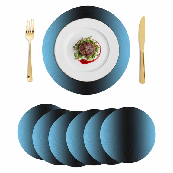 Blue Black Ombre Round 15 Inch Placemats Set of 6, Modern Gradient Abstract Art HeatResistant Non Slip Place Mats for Dining Table, Wipeable Braided Kitchen Table Mats for Housewarming