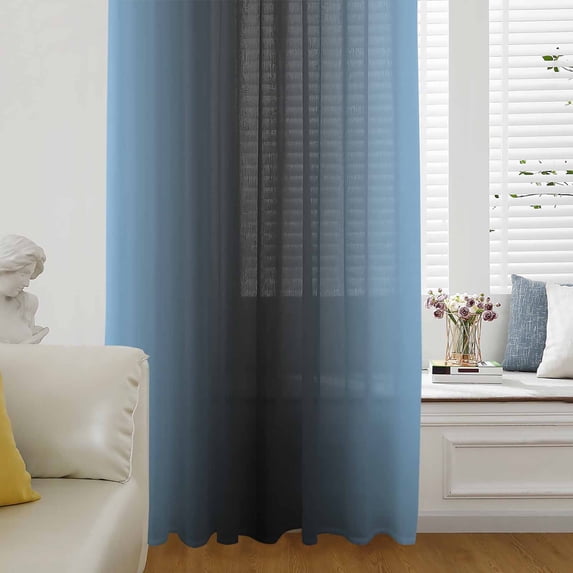 Blue Black Ombre Semi Sheer Curtains Drapes for Living Room, Bedroom, French Doors Window 72 Inches Long, Modern Gradient Abstract Art Rod Pocket Chiffon Curtain Drapery Voile Draperies Panel