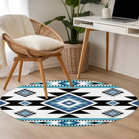 Blue Black Pattern 3.3ft Round Rug for Bedroom Reading Corner, Retro Bohemian Square Abstract Geometric Washable Non Slip Circle Area Rug
