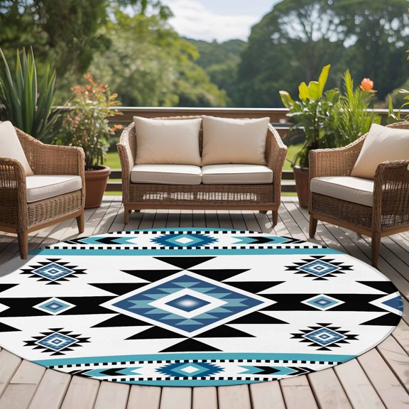 Blue Black Pattern 8ft Round Rug for Open Concept Living Room Seating Zone, Retro Bohemian Square Abstract Geometric Washable Non Slip Large Circle Area Rug