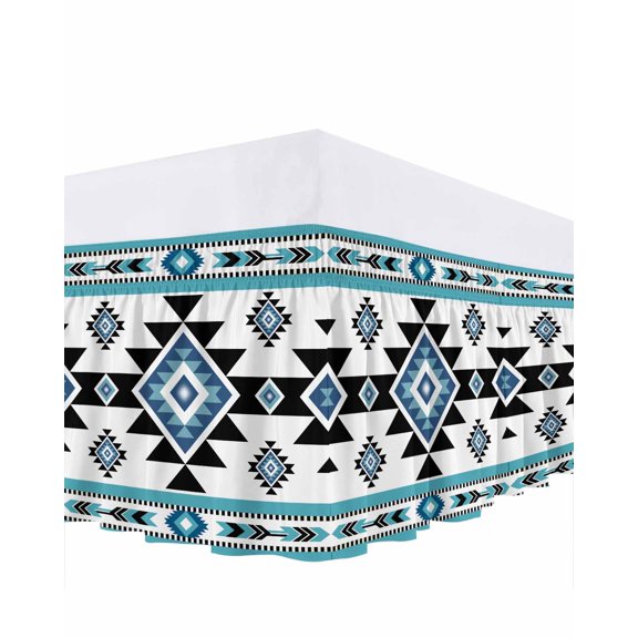 Blue Black Pattern Bed Skirt Retro Bohemian Square Abstract Geometric Bed Skirts Queen Size 16 Inch Drop, Wrap Around Dust Ruffle&nbsp;Bedskirt with Adjustable Elastic Belt for Queen Size Beds