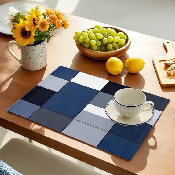 Blue Black Placemats Set of 2 Geometric Abstract Color Block Plaid Modern Place Mats Washable Table Mats for Party Kitchen Dining Decoration, 12 X 18 Inch