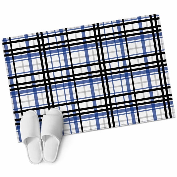 Blue Black Plaid Bathroom Mat 2x3 FT, Non Slip Small Kitchen Mat, Farmhouse Blue Black Checkered Washable Soft Backed Front Door Throw Rug Non-Shedding Indoor Outdoor Doormat for Entryway Sink