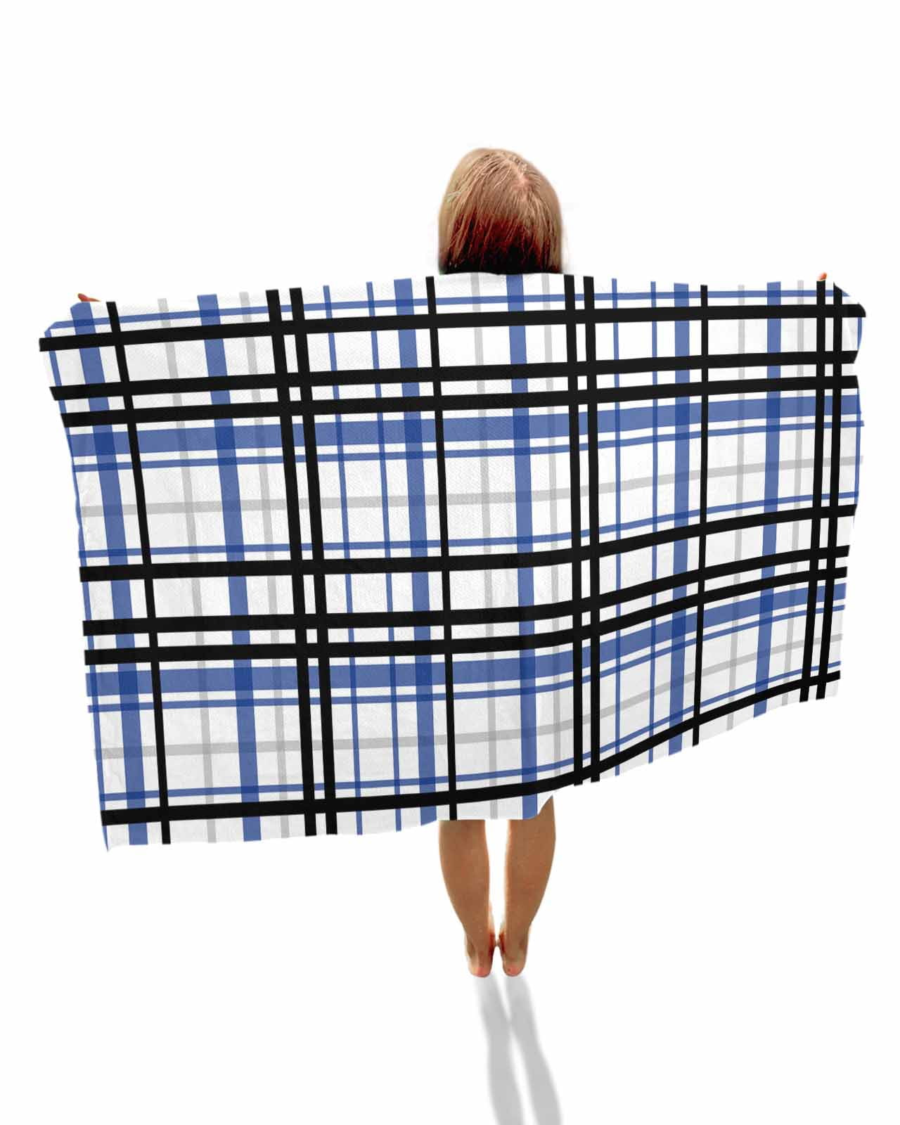 Blue Black Plaid Beach Towels Oversized Super Absorbent, Farmhouse Blue Black Checkered Lightweight Bath Towel Quick Dry Sets For Bathroom/Pool/Rv Camping/Beach Play/Gym Room/Picnic 30"x60"