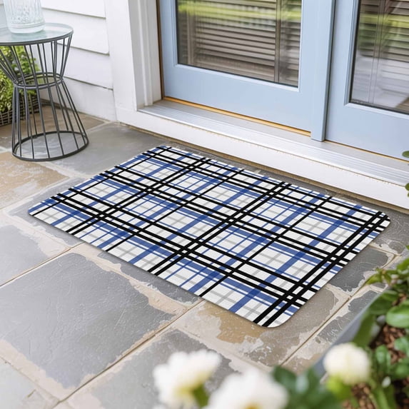 Blue Black Plaid Door Mat Indoor Outdoor, Farmhouse Blue Black Checkered Non Slip Welcome Mat with Rubber Backing, Absorbent Fabric Front Door Mats Entryway Rug for Home Patio Entrance 20"x31.5"