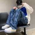 thumbnail image 1 of Blue Black Plaid Jeans Men Retro Casual Wide-leg Jeans Mens Streetwear Loose Hip-hop Straight Denim Trousers Men Vintage Jeans, 1 of 6