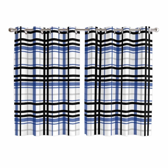 Blue Black Plaid Kitchen Curtains 63 Inch Length, Farmhouse Blue Black Checkered Grommet Top Bedroom Living Room Curtains, Light Filtering Cafe Curtain Drapes 2 Panels Set 104''x63''