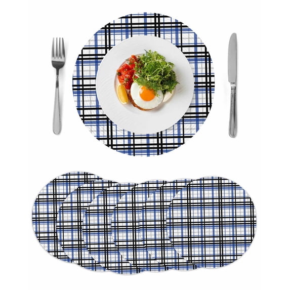 Blue Black Plaid Round 13 Inch Placemats Set of 6, Farmhouse Blue Black Checkered HeatResistant Non Slip Place Mats for Dining Table, Wipeable Braided Kitchen Table Mats for Housewarming