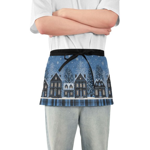 Blue Black Plaids Christmas Street View Short Server Apron with 3 Pockets for Unisex Chef Gardening