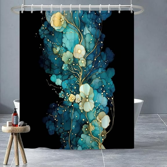 Blue Black Shower Curtain For Bathroom Retro Flowers Shower Curtain Set With Hooks Abstract Marble Bathtub Decor Waterproof Fabric Curtains 48"W x 72"L