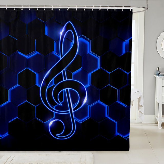 Blue Black Shower Curtain Musical Treble Clef Bathroom Curtain, Glowing