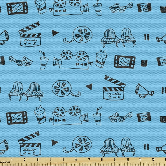 Ambesonne Cinema Fabric by the Yard Upholstery, Doodle Movie, 5 Yards, Pale Blue and Black