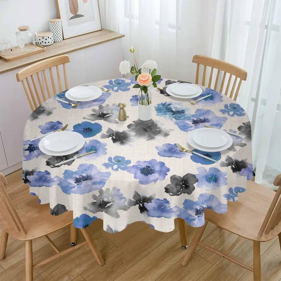 Blue Black Spring Floral Round Tablecloth 60 Inch - Waterproof Fabric Table Cloth Protector, Watercolor Botanical Rustic Tablecloths Washable Table Cover for Kitchen Banquet Party