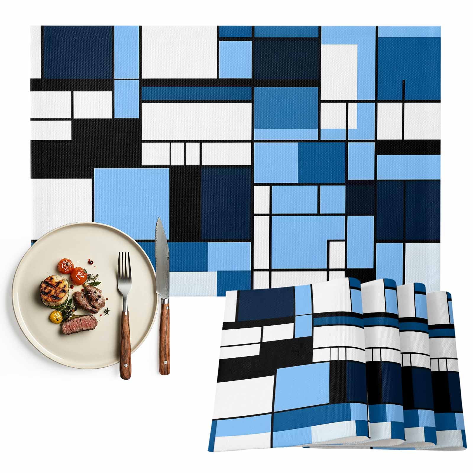 Blue Black Squares Placemat of 1 PC, Abstract Geometric Art Table Mats ...