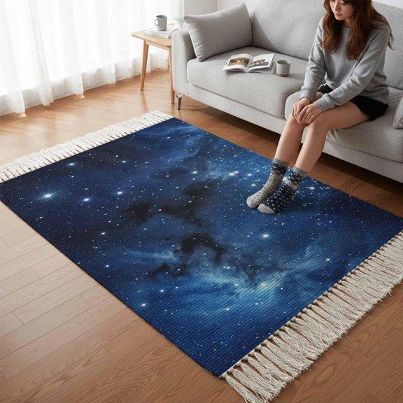 Blue Black Starry Sky Runner Rug with Tassels 4'x6' Universe Stars Galactic Deep Space Modern Woven Runners for Hallways Washable Rug Runner Floor Carpet for Bedroom Living Room Kitchen
