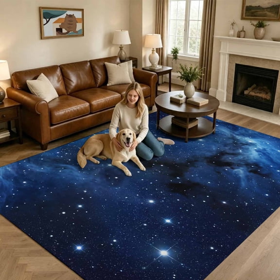 Blue Black Starry Sky Washable Area Rug 8x10 Universe Stars Galactic Deep Space Modern Low-Profile Large Area Rugs Non Slip Indoor Floor Carpet for Entrance Living Room Bedroom Home Office