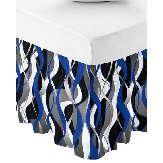 Blue Black Stripes Bed Skirt Cal King 18 Inch Drop, Wrap Around Bed Skirts, Modern Abstract Ombre Grey White Lines Elastic Bedskirt Pleated Bed Frame Cover Luxurious Dust Ruffle for Cal King Bed