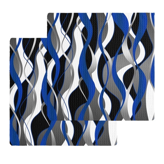 Blue Black Stripes Kitchen Dish Towels for Drying Dishes Set of 2, Modern Abstract Ombre Grey White Lines Waffle Weave Microfiber Hand Tea Bathroom Towels Quick Dry & Absorbent Towel 12x12