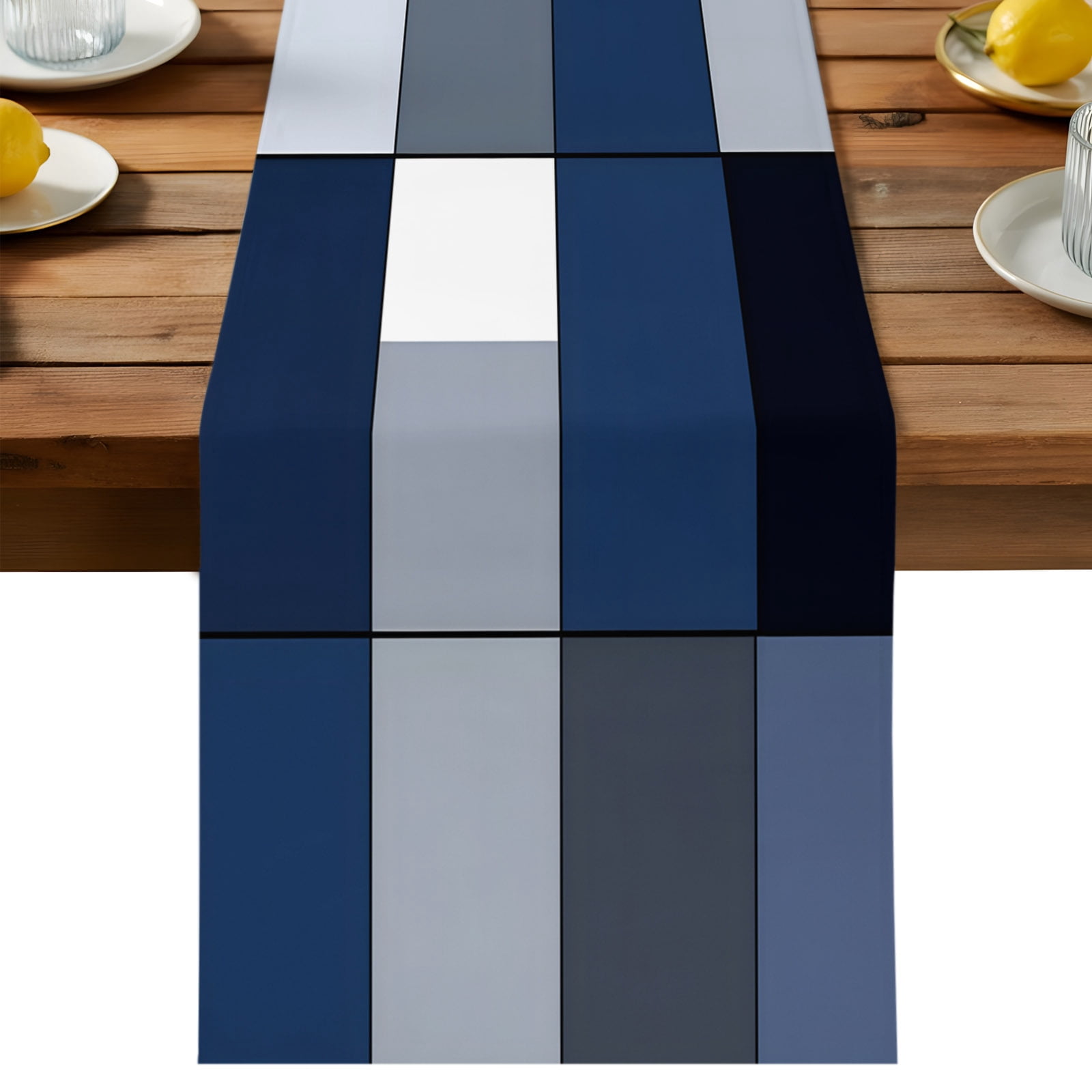 Blue Black Table Runner, Geometric Abstract Color Block Plaid Modern ...