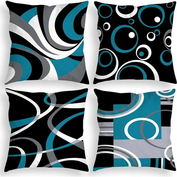 Blue and Black Throw Pillow Covers 18x18 Inches Set of 4 Decor Decorative Throw Pillow Cover Abstract Modern Geometric Teal Square Cushion Cases for Sofa Bed Couch